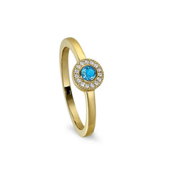 Gold Finish Sterling Silver Micropave Round Simulated Blue Topaz Ring with Simulated Diamonds Size 4