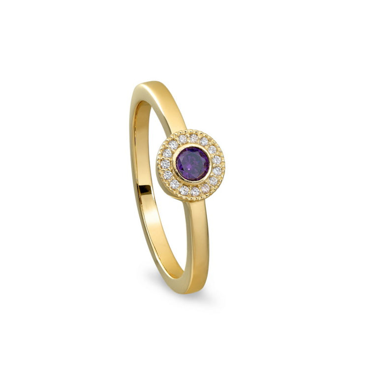 Gold Finish Sterling Silver Micropave Round Simulated Amethyst Ring with Simulated Diamonds Size 4