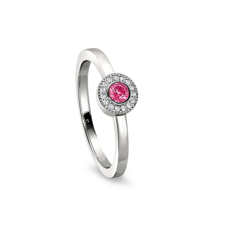 Platinum Finish Sterling Silver Micropave Round Simulated Pink Sapphire Ring with Simulated Diamonds Size 4
