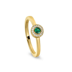 Gold Finish Sterling Silver Micropave Round Simulated Emerald Ring with Simulated Diamonds Size 7