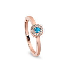 Rose Gold Finish Sterling Silver Micropave Round Simulated Blue Topaz Ring with Simulated Diamonds Size 8