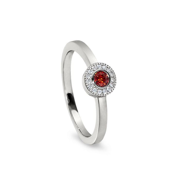 Platinum Finish Sterling Silver Micropave Round Simulated Garnet Ring with Simulated Diamonds Size 8