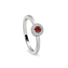Platinum Finish Sterling Silver Micropave Round Simulated Garnet Ring with Simulated Diamonds Size 8