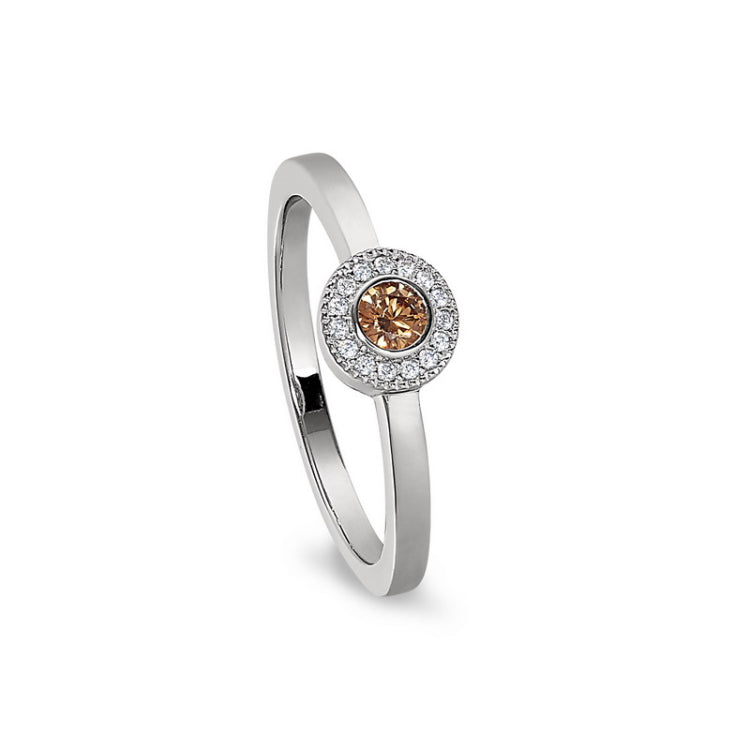 Platinum Finish Sterling Silver Micropave Round Simulated Citrine Ring with Simulated Diamonds Size 8
