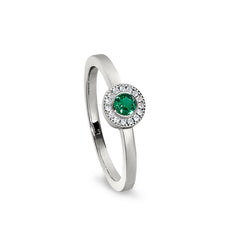 Platinum Finish Sterling Silver Micropave Round Simulated Emerald Ring with Simulated Diamonds Size 8