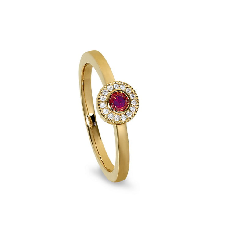 Gold Finish Sterling Silver Micropave Round Simulated Garnet Ring with Simulated Diamonds Size 9