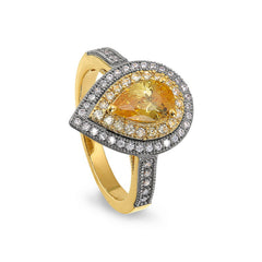 Gold and gold vermeil finish sterling silver micropave pear shaped ring with a canary colored stone and simulated diamonds