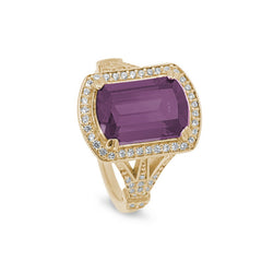 Gold finish sterling silver micropave emerald cut pink stone ring with simulated diamongs