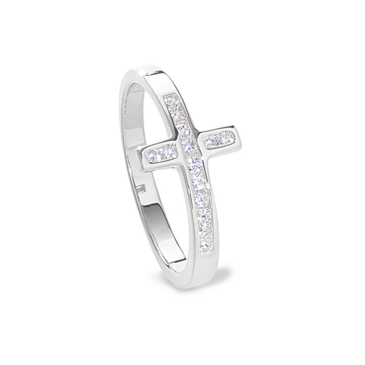 Platinum finish sterling silver micropave cross ring with simulated diamonds - size 5