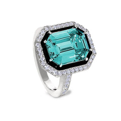 Platinum Finish Sterling Silver Micropave Black Enamel & Aqua Spinel Octagon Ring with Simulated Diamonds - Size 6
