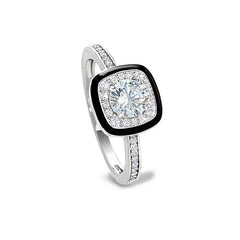Platinum finish sterling silver micropave cushion cut ring with thin black enamel and simulated diamonds - size 5