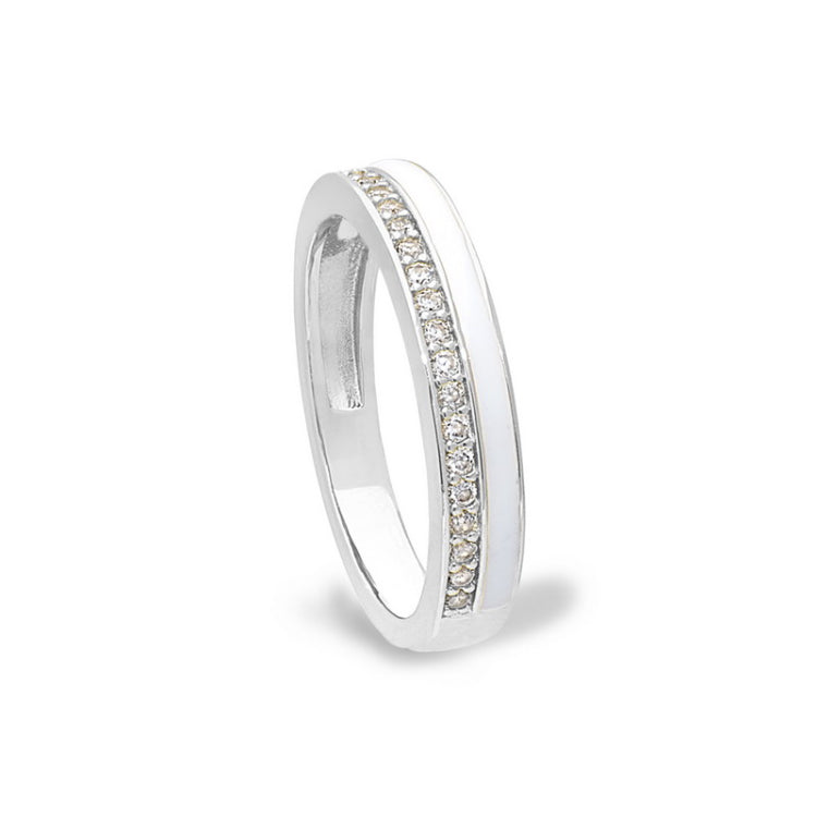 Platinum finish sterling silver micropave ring with with white enamel and simulated diamondss