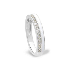 Platinum finish sterling silver micropave ring with with white enamel and simulated diamondss