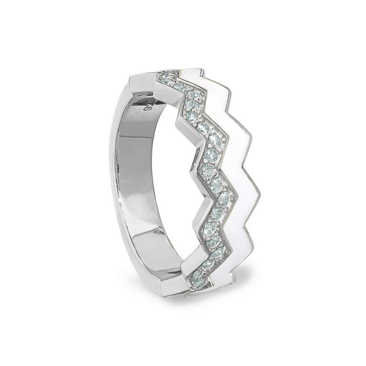 Platinum finish sterling silver micropave ring with with white enamel and simulated diamondss