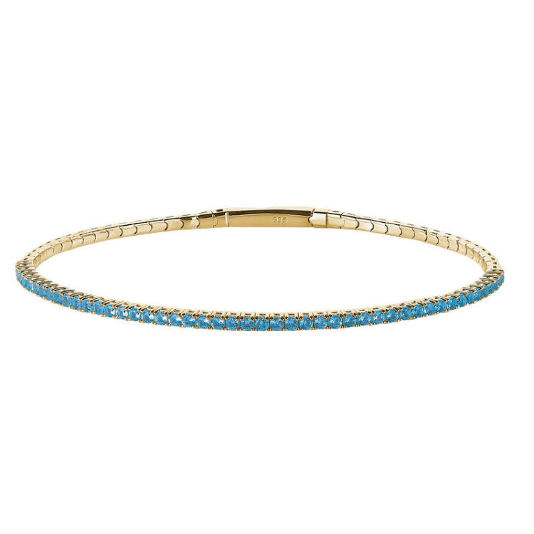 Gold vermeil finish sterling silver single row flexible bracelet with 1.75mm simulated aquamarine birthstones