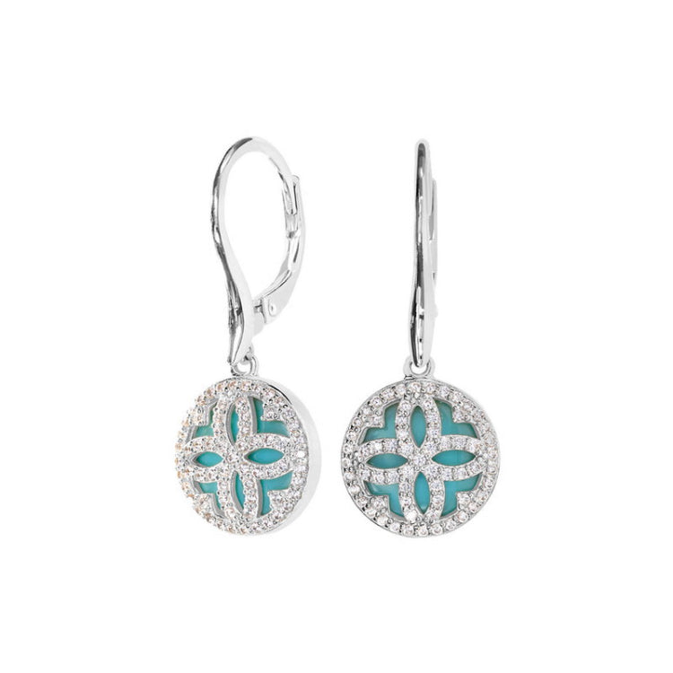 Platinum finish sterling silver micropave clover earrings with simulated diamonds and a turquois mop background