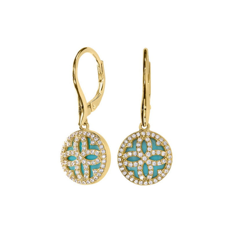 Gold vermeil sterling silver micropave clover earrings with simulated diamonds and a turquois mop background