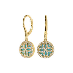 Gold vermeil sterling silver micropave clover earrings with simulated diamonds and a turquois mop background