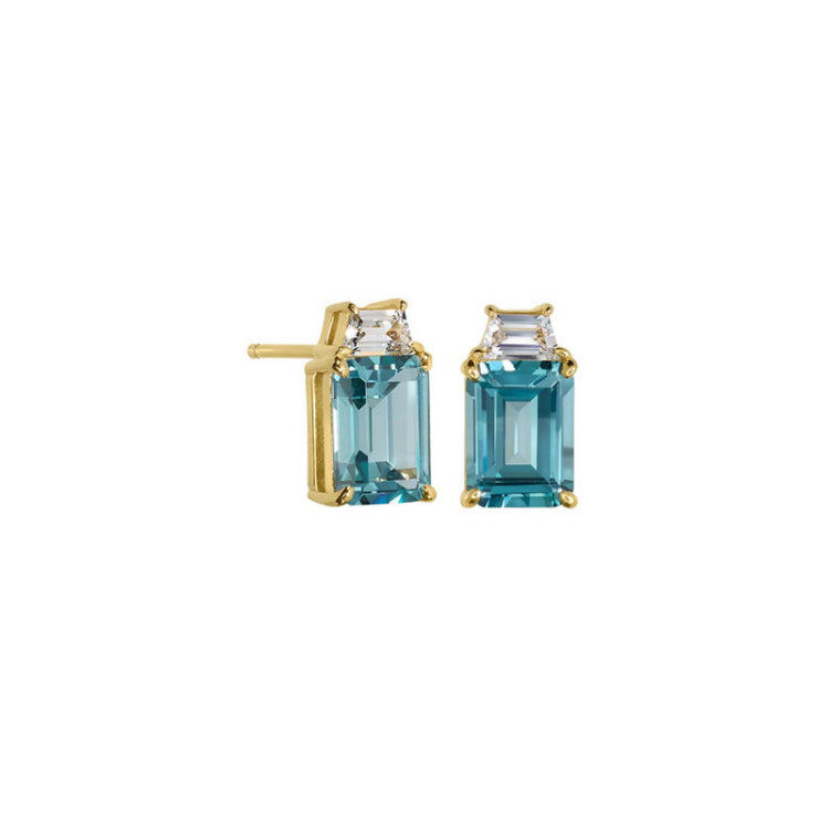 Gold vermeil sterling silver zircon blue spinel princess cut earrings with simulated diamonds.