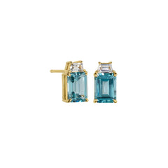 Gold vermeil sterling silver zircon blue spinel princess cut earrings with simulated diamonds.