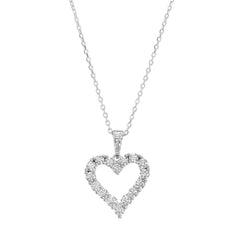 Platinum finish sterling silver open heart pendant with simulated diamonds on a 16"-18" adjustable cable chain