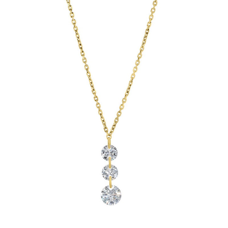 Gold vermeil sterling silver drill set 3 stone drop pendant with simulated diamonds on a 16"-18" adjustable cable chain