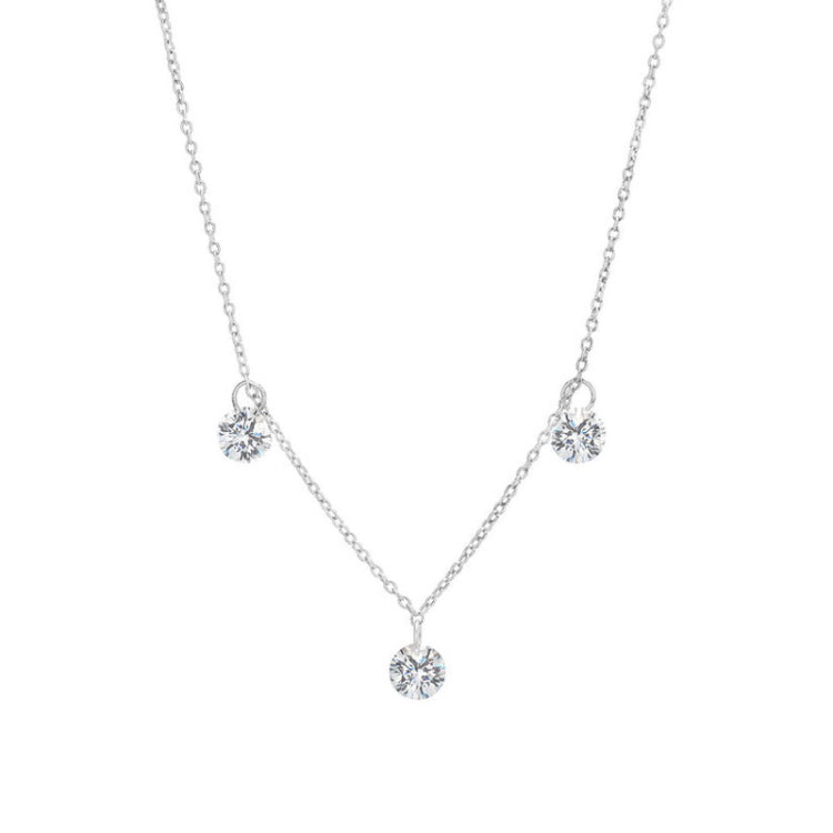 Platinum finish sterling silver drill set 3 stone necklace with simulated diamonds on a 16"-18" adjustable cable chain