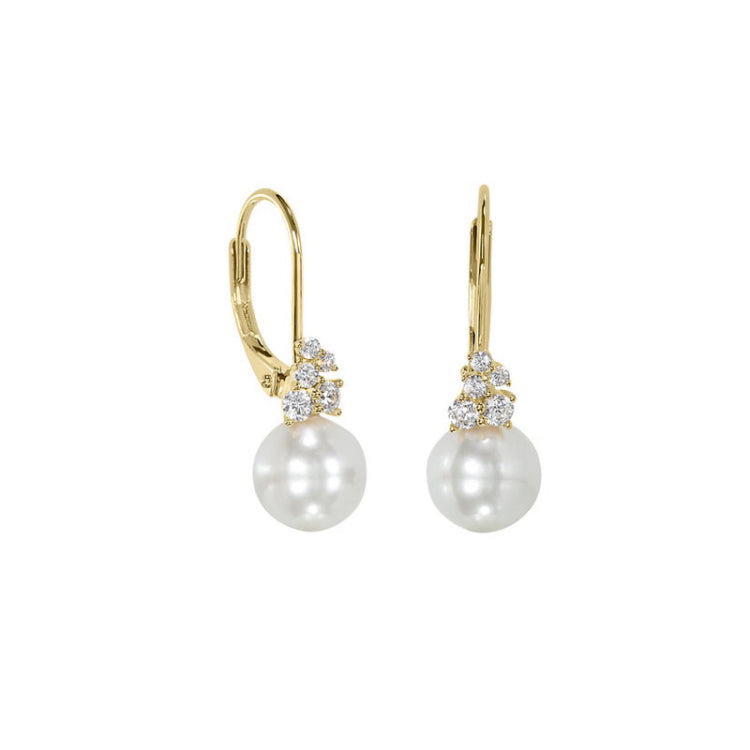 Gold vermeil sterling silver single round pearl lever back earrings with a cluster of simulated diamonds