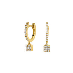Gold vermeil sterling silver micropave square drop huggie earrings with simulated diamonds