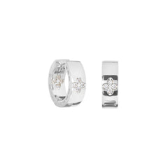 Platinum finish sterling silver polished huggie earrings with a clover design of simulated diamonds