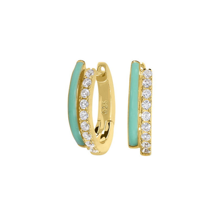 Gold vermeil sterling silver micropave huggie earrings with mint enamel and simulated diamonds