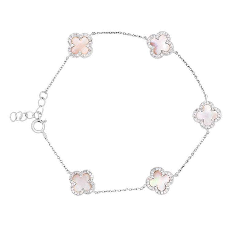 platinum finish sterling silver clover bracelet with pink mop and simulated diamonds on 16"-18" adjustable cable chain