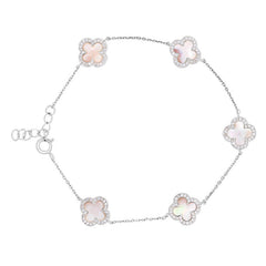 platinum finish sterling silver clover bracelet with pink mop and simulated diamonds on 16"-18" adjustable cable chain