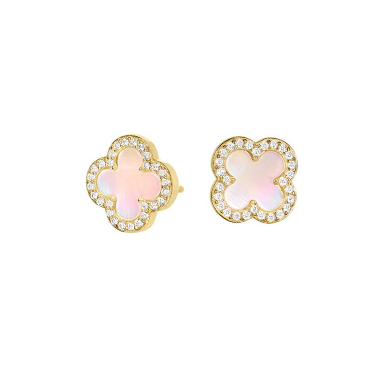 Gold vermeil sterling silver clover earrings with pink mop and simulated diamonds