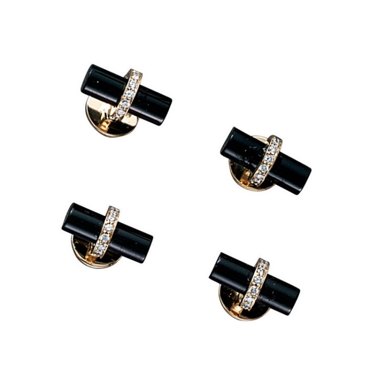 4-pc 14K Yellow Gold Cylinder Onyx & Diamond Studs W/.48 Cttw