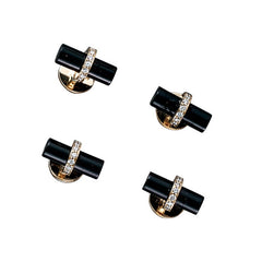 4-pc 14K Yellow Gold Cylinder Onyx & Diamond Studs W/.48 Cttw