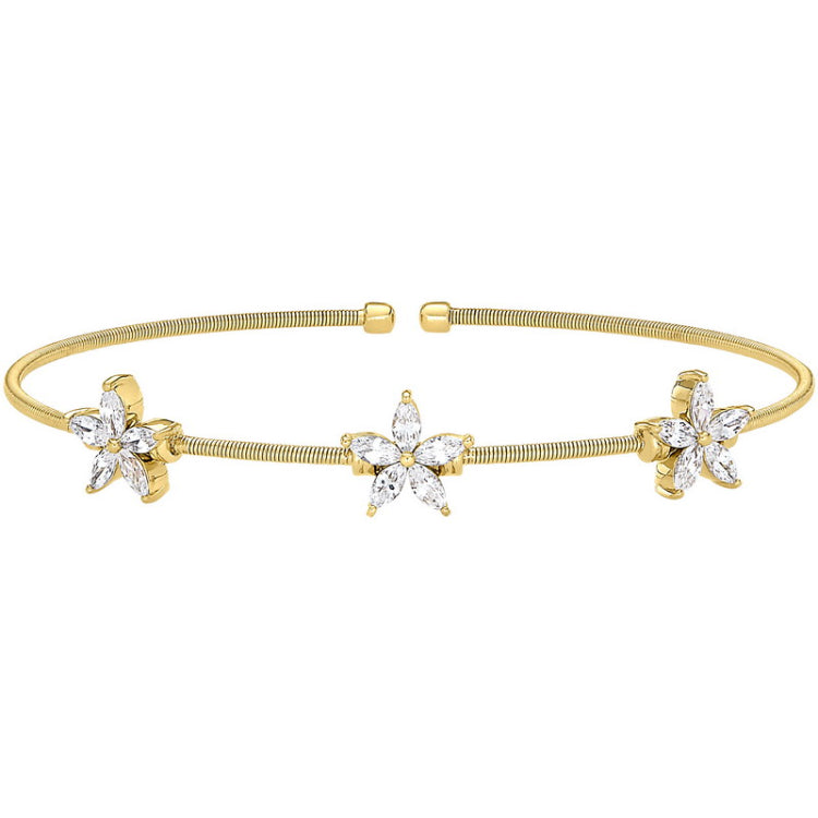 Gold Finish Sterling Silver Cable Cuff Bracelet with Simulated Diamond Flowers