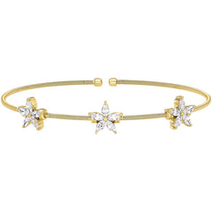 Gold Finish Sterling Silver Cable Cuff Bracelet with Simulated Diamond Flowers