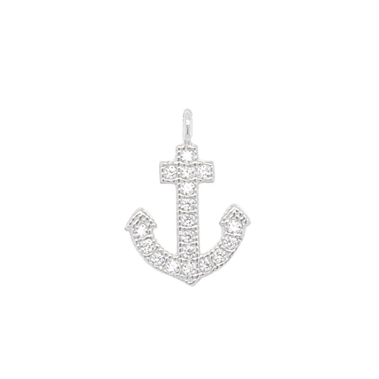 Rhodium Finish Sterling Silver Anchor Charm With Simulated Diamonds for LL7136B