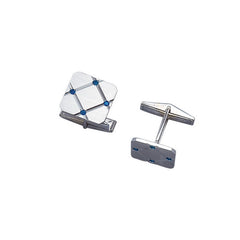 14K White Gold Engine-Turned Grid Cufflinks W/Genuine Sapphires