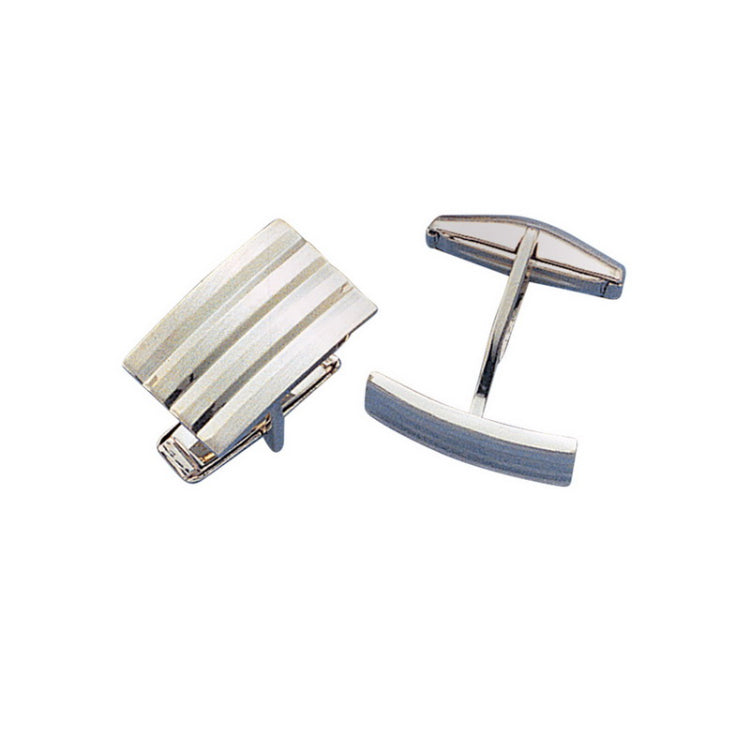 14K White Gold Curved Rectangle Grooved Engine-Turned Cufflinks