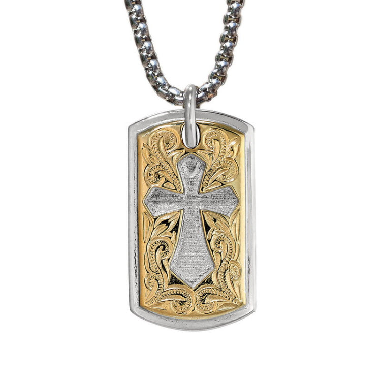 Stainless Steel & Gold IP Cross Dog Tag on 22 2.5mm Stailess Steel Rounded Box Chain