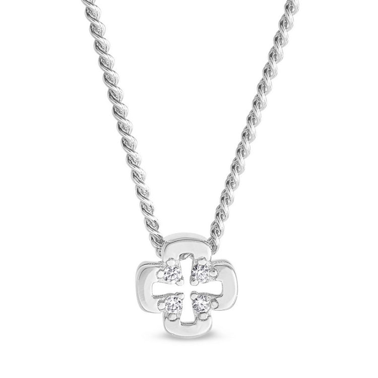 Platinum finish sterling silver cross with holes pendant with simulated diamonds on 18 chain
