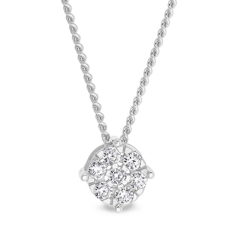 Platinum finish sterling flower pendant with simulated diamonds on 18 chain