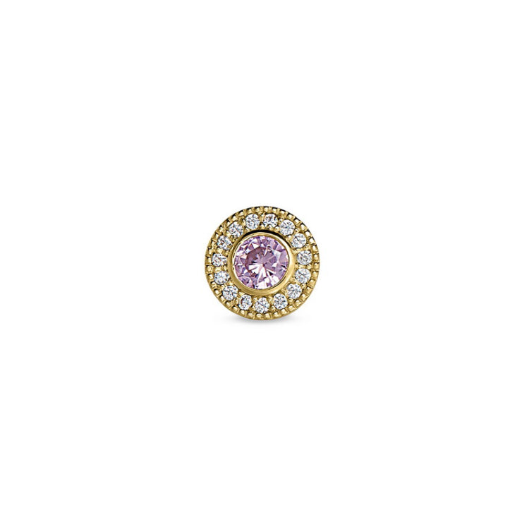 Gold Finish Finish Sterling Silver Micropave Round Simulated Pink Sapphire/October Birthstone Charm with Simulated Diamonds