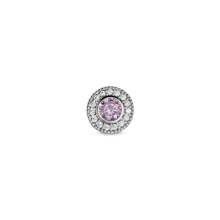 Platinum Finish Sterling Silver Micropave Round Simulated Pink Sapphire/October Birthstone Charm with Simulated Diamonds