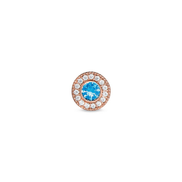 Rose Gold Finish Finish Sterling Silver Micropave Round Simulated Blue Topaz/Decem Birthstone Charm with Simulated Diamonds