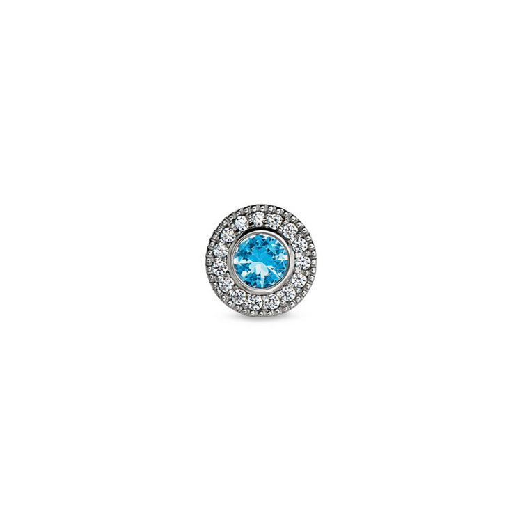 Platinum Finish Sterling Silver Micropave Round Simulated Blue Topaz/December Birthstone Charm with Simulated Diamonds