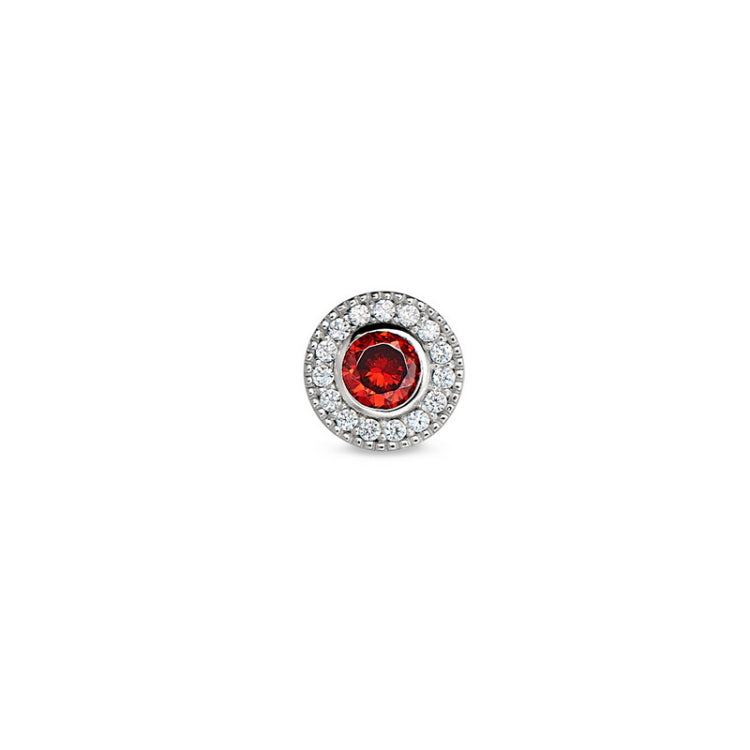 Platinum finish sterling silver micropave round simulated garnet/january birthstone charm with simulated diamonds