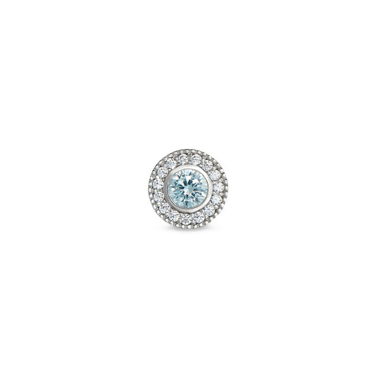 Platinum Finish Sterling Silver Micropave Round Simulated Aquamarine/March Birthstone Charm with Simulated Diamonds